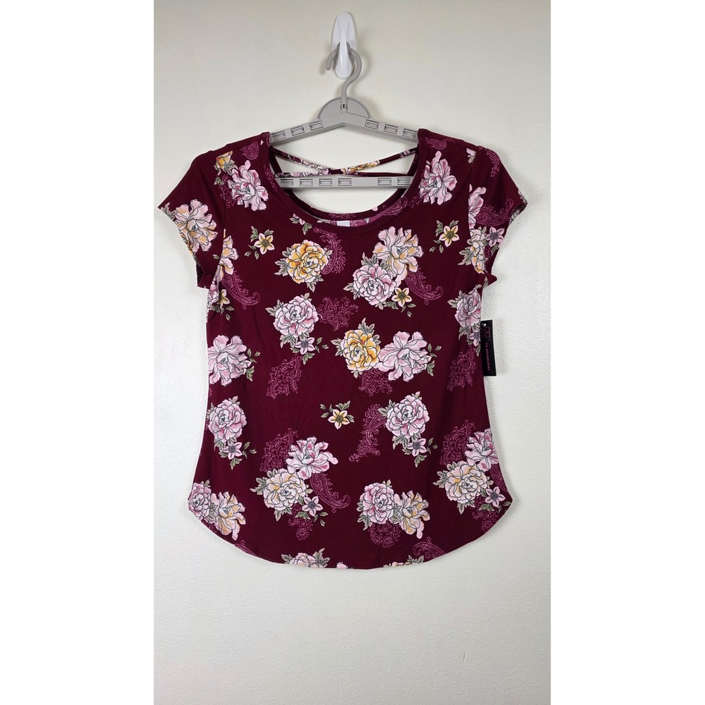 No Boundaries Top Womens XXL Burgundy Floral Scoop Neck Crisscross Back Pullover